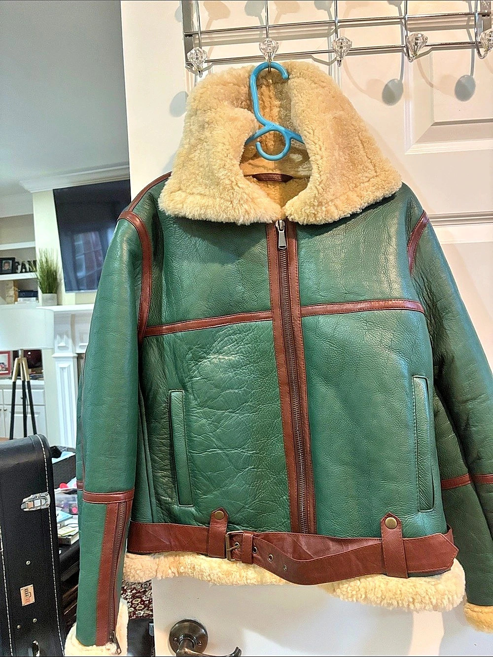 Shearling and Leather Jacket in Green & Brown XL